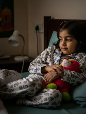 Cozy Indian girl in printed pure cotton pajamas holding a red soft toy in bed at night.