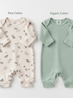 Side-by-side comparison of a pure cotton patterned baby romper and an organic cotton green baby romper.