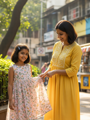 A smiling mother and daughter on a sunny street in Mumbai. The mother, in a yellow dress, looks at her daughter who is wearing a pure cotton floral dress.