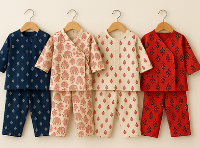 Four sets of pure cotton kids' pajamas featuring traditional block-printed patterns in red, cream, and navy, on hangers.