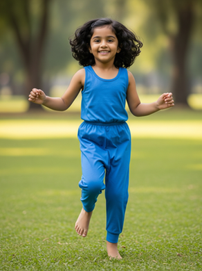 Happy Indian girl in a blue cotton romper jumpsuit running barefoot in a green park.