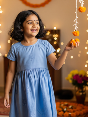 Radiant Indian girl in a light blue cotton ethnic frock holding marigolds, festive home decor in background.