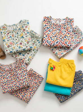 Overhead flat lay of four colorful kids cotton co-ord sets with floral and geometric prints, a toy, and a sandal.