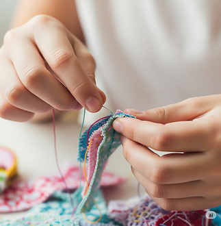 Hands meticulously hand-stitching colorful fabric pieces with needle and thread, highlighting attention to detail.