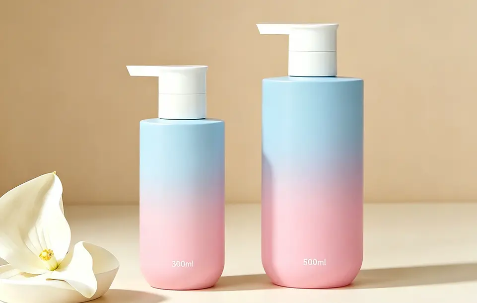 Gradient shower gel bottle with pump peach color