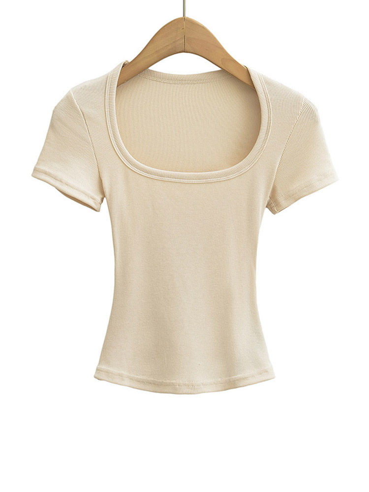 Thumbnail: Women's Slim Fit Square Collar Crop Top High Stretch Short Sleeve Pullover Sexy 