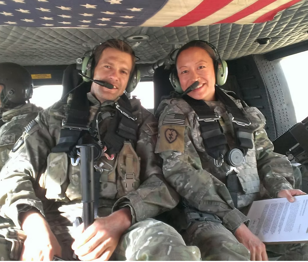 Grace Go and Geoff Stults on set of Enlisted