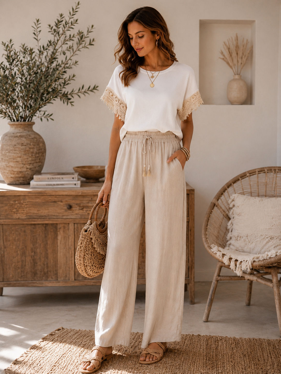 Satijnen broek beige