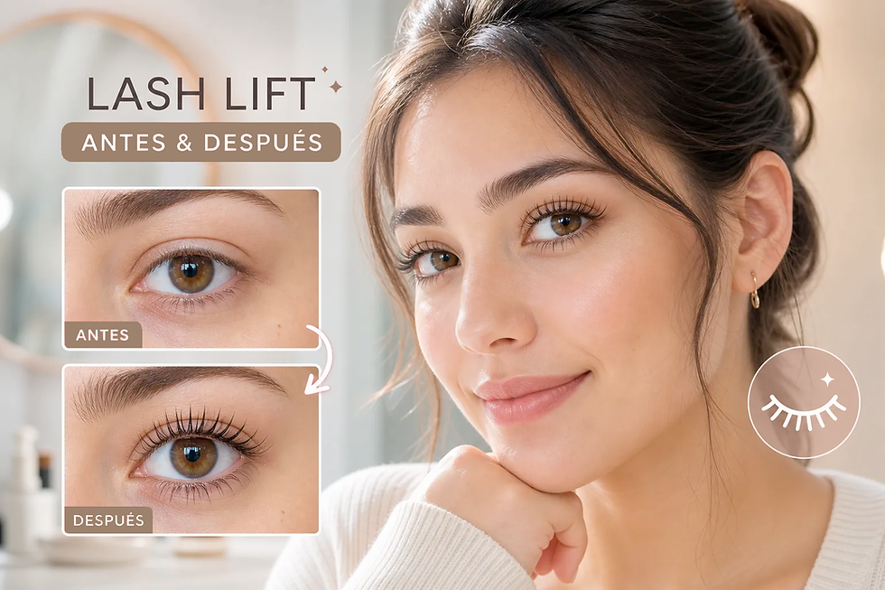 Anuncio de Lifting de pestañas: mujer sonriente con ojos maquillados; comparativa ANTES/DESPUÉS de pestañas en fondo claro.