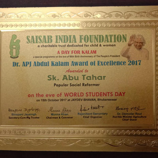 SAISAB INDIA FOUNDATION – Dr. APJ ABDUL KALAM AWARD OF EXCELLENT 2017 (SK. ABUTAHAR).