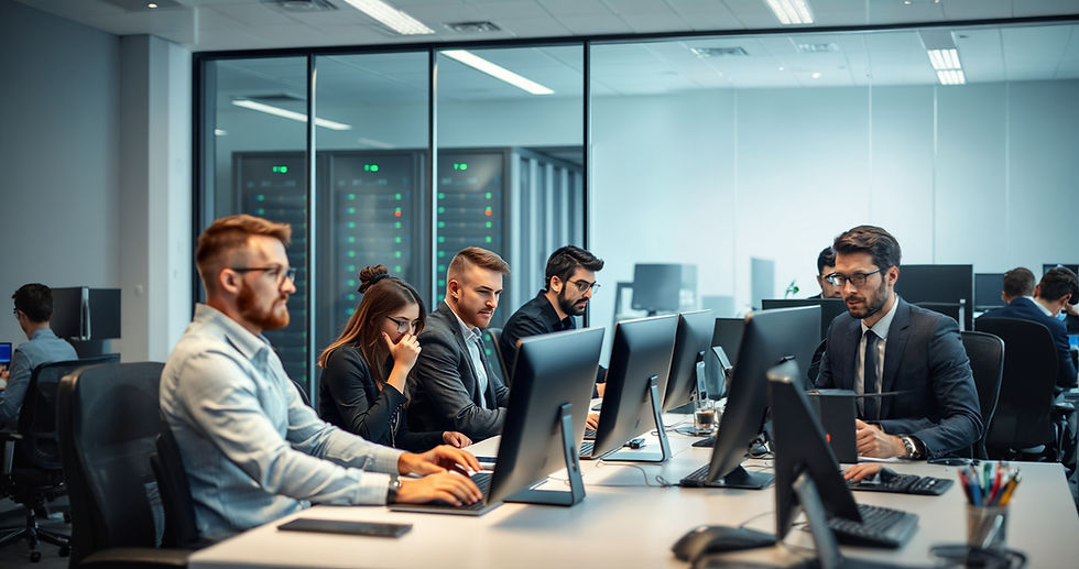 people working hard in a office with them sitting in front of a server room behind a glass