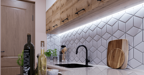 Дъски за рязане. Сет за салати. Интериорно решение за кухненски остров. Черна мивка и черен смесител. Кухня в бяло и дъб евог.