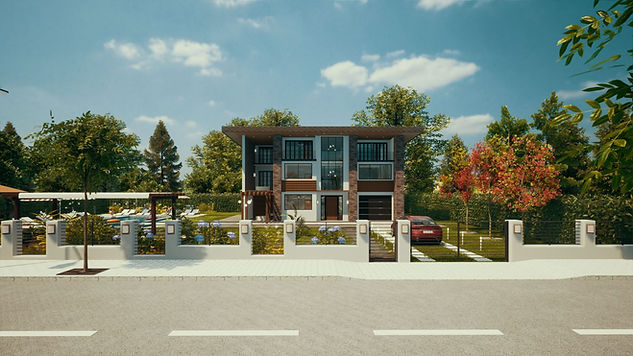 3Д екстериорна визуализация на къща в предградията с горска растителност голям двор с басейн и градинска част с барбекю