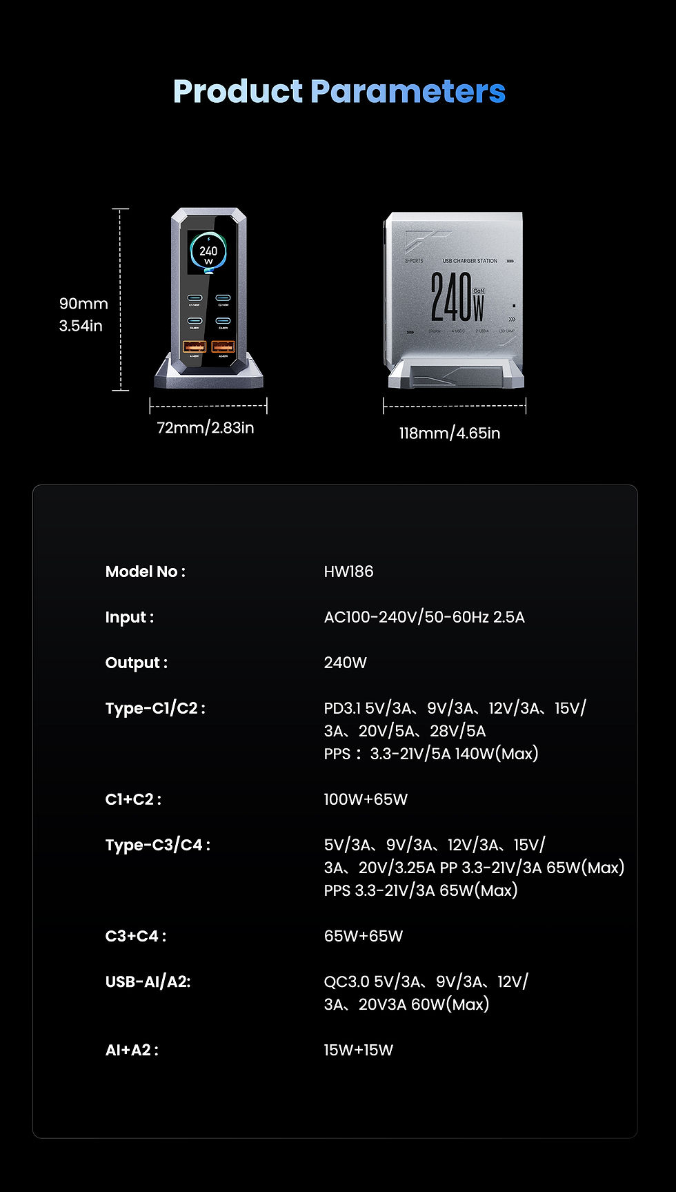 Thumbnail: 240W GaN Charger 6-IN-1 140W PD3.1 PPS USB Type C Digital Display Fast Charging 