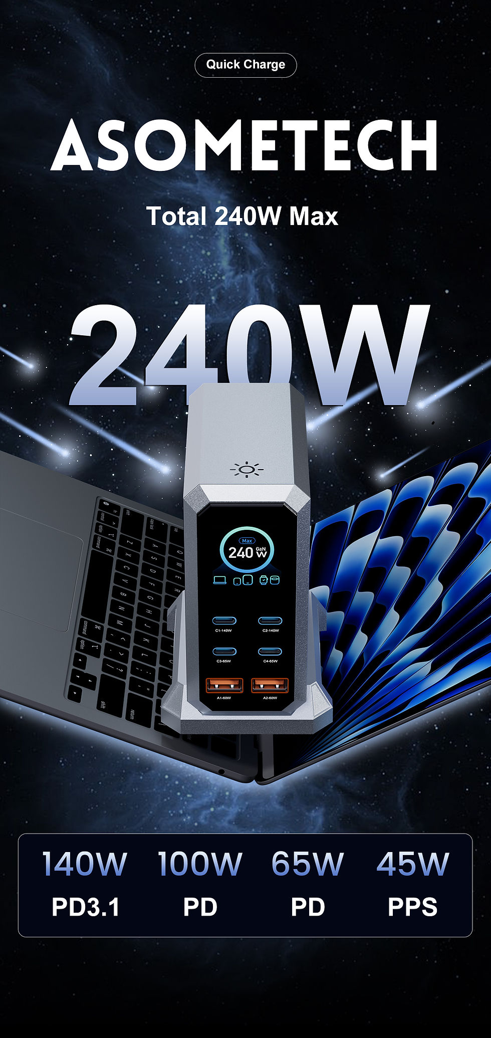 Thumbnail: 240W GaN Charger 6-IN-1 140W PD3.1 PPS USB Type C Digital Display Fast Charging 