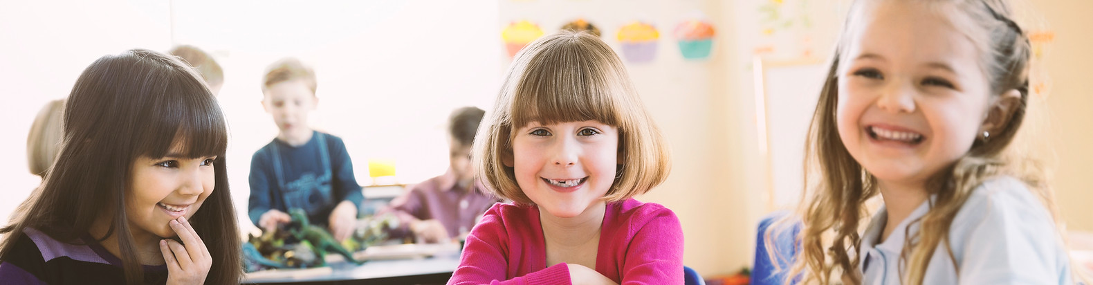 Smiling girls sitting at table in elemen