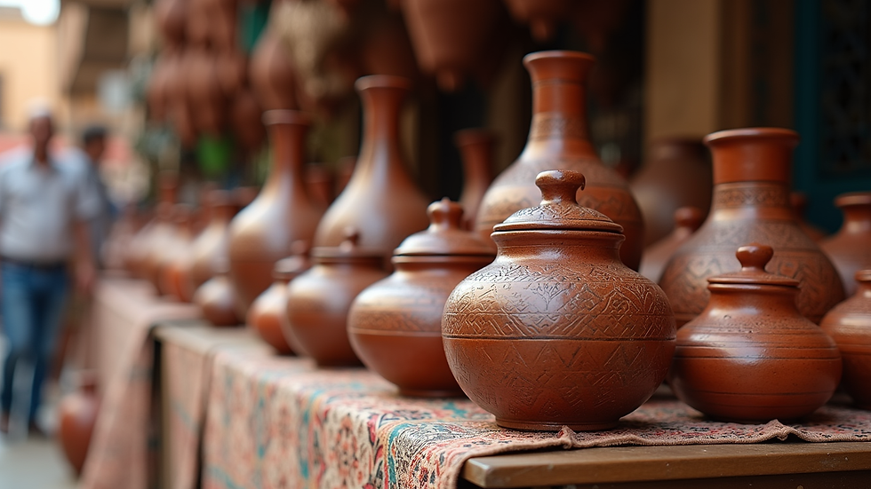 close-up view of traditional Moroccan pottery on market stand