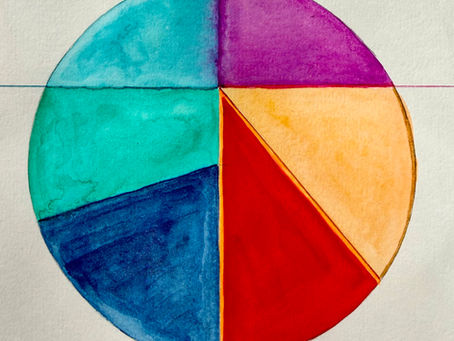 Abstract gouache painting by Nicola Black featuring a circular form divided into geometric colour fields of turquoise, teal, deep blue, magenta, yellow and red, suggesting balance, contrast and emotional integration.