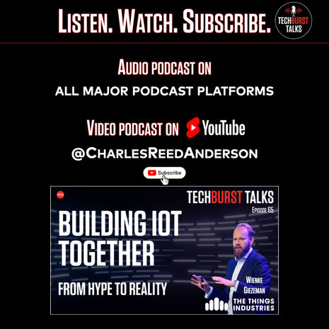 Promotional image for TechBurst Talks Episode 65 with links to audio and video platforms.