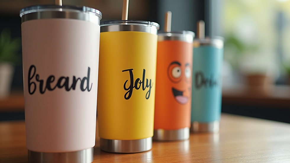 Close-up view of a set of personalized tumblers with colorful designs