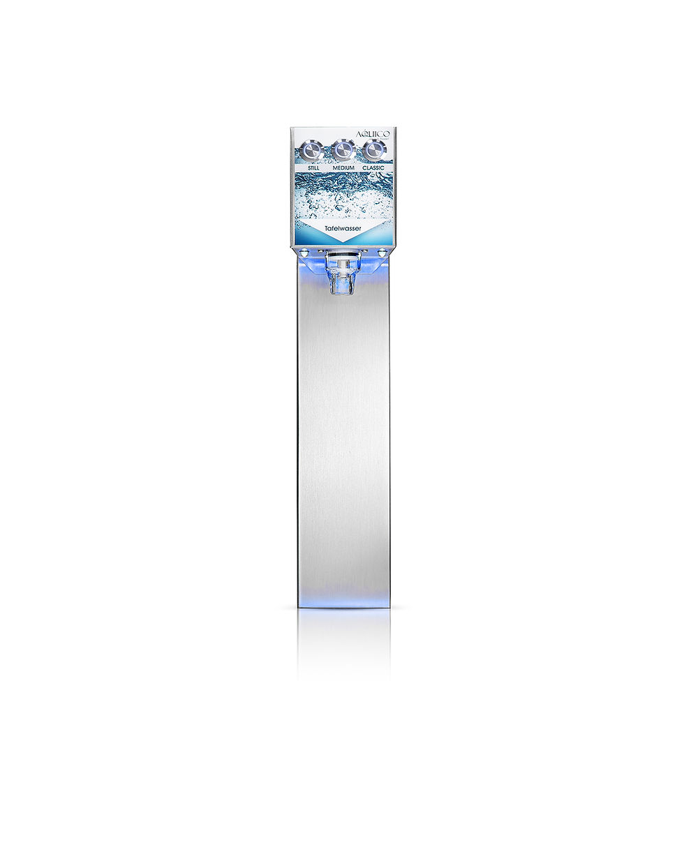 Moderner Wasserspender von Aquico aus Edelstahl. Schlankes, hohes Design mit beleuchteter Wasserabgabe, drei Bedienelementen (still, medium, classic) und einem blauen LED-Licht, freigestellt auf weißem Hintergrund.