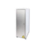 Edelstahl-Gehäuse von Aquico für Wasserspendertechnik. Das schlichte, rechteckige Gehäuse steht freigestellt auf weißem Hintergrund, mit einer glatten Fronttür, einem kleinen Schloss und einem gelben Warnsymbol unten an der Tür.