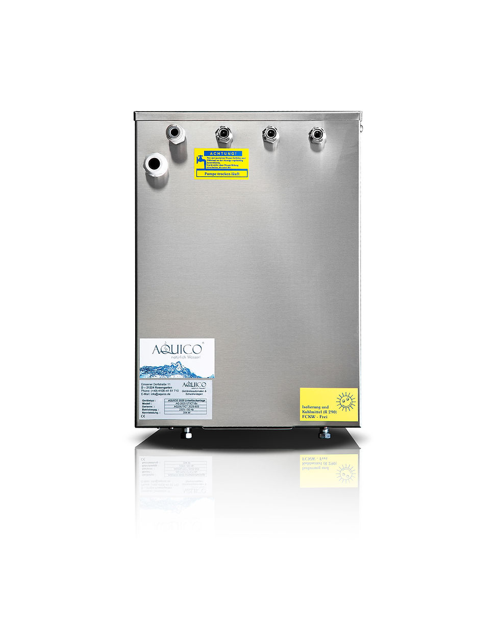 Edelstahl-Kühl- und Filtersystem von Aquico. Das rechteckige Modul steht freigestellt auf weißem Hintergrund, mit mehreren Anschlüssen oben, einem Aquico-Logo mit Wasserwelle und Warnaufklebern in Gelb und Blau.