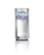 Edelstahl-Wasserspender von Aquico mit drei beleuchteten Bedienknöpfen für stilles, medium und classic (sprudelndes) Tafelwasser. Der Wasserspender hat ein schlankes, modernes Design mit zentralem Auslass und Tropfschale, freigestellt auf weißem Hintergrund.