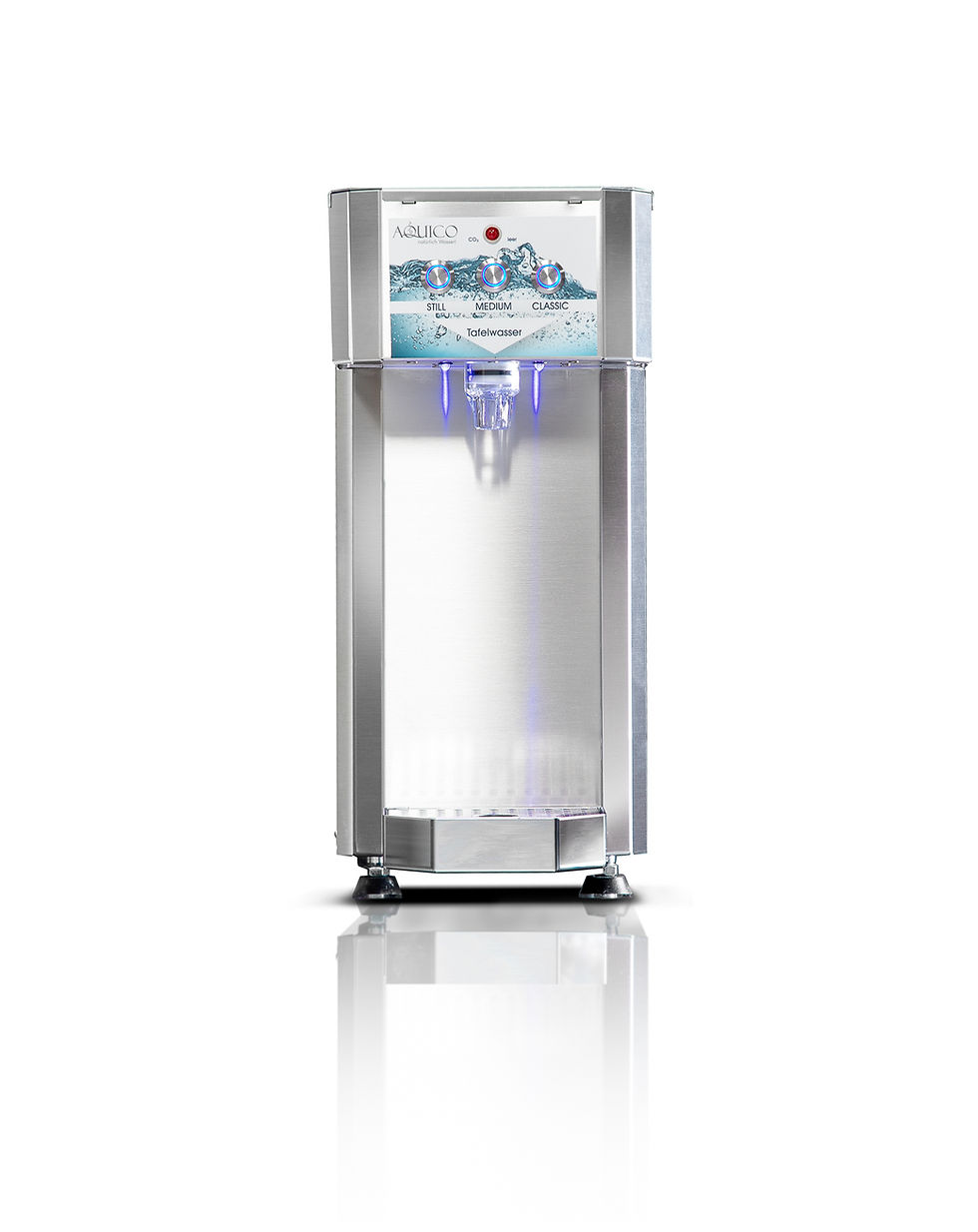 Edelstahl-Wasserspender von Aquico mit drei beleuchteten Bedienknöpfen für stilles, medium und classic (sprudelndes) Tafelwasser. Der Wasserspender hat ein schlankes, modernes Design mit zentralem Auslass und Tropfschale, freigestellt auf weißem Hintergrund.