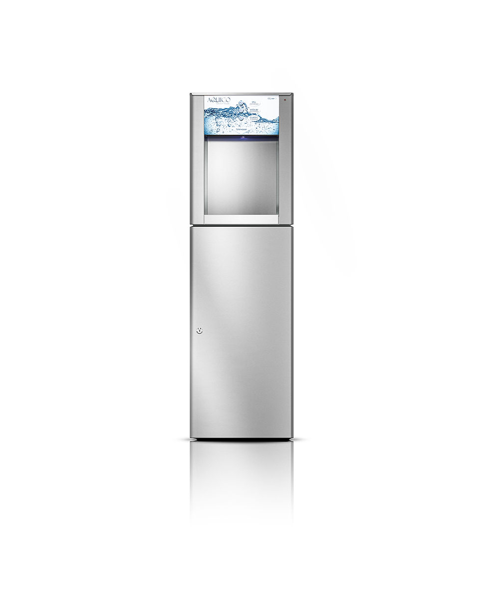 Freistehender Edelstahl-Wasserspender von Aquico mit integriertem Kühlmodul. Der obere Bereich zeigt ein beleuchtetes Display mit Wasserwellenmotiv und Tasten für verschiedene Wasseroptionen, während der untere Teil als Standfuß und Technikgehäuse dient. Freigestellt auf weißem Hintergrund.
