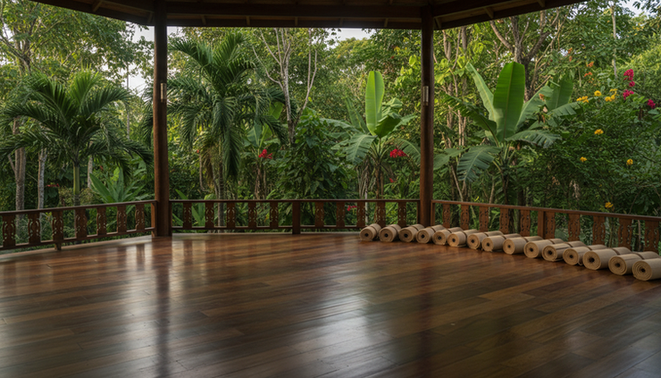 Wide-angle view of an open-air yoga shala surrounded by tropical trees near San Juan del Sur.