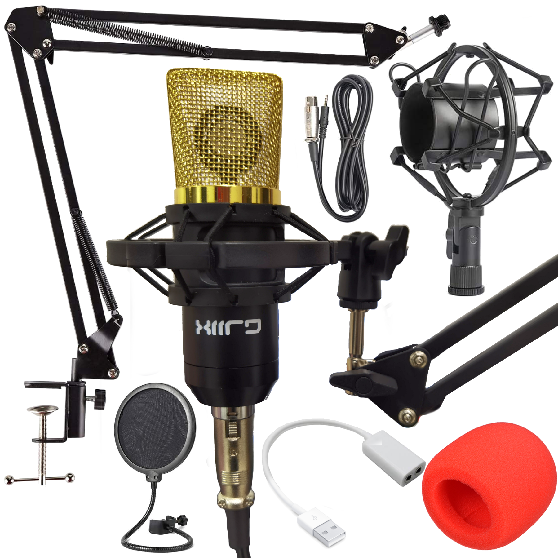 Set Microfono X XIIRD Condensador Omnidimencional Dorado Soporte USB 3.5mm