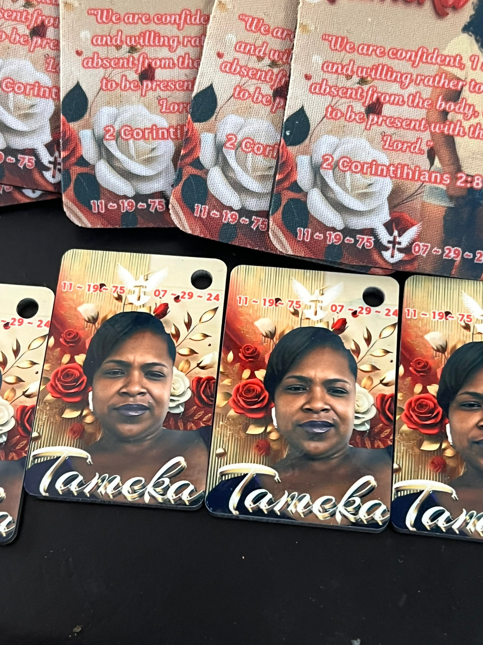 rectangle memorial keychain with the name tameka