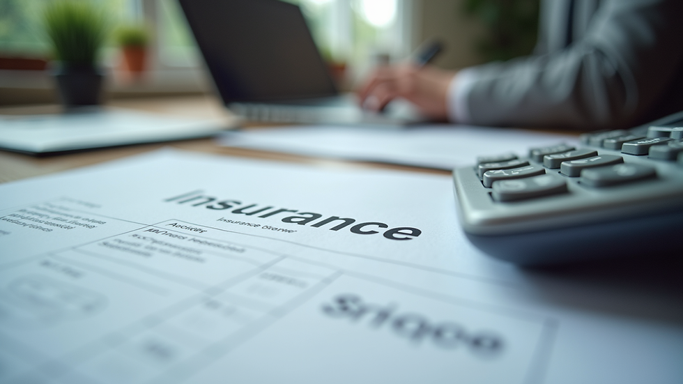 eye-level view of office desk with insurance documents and calculator