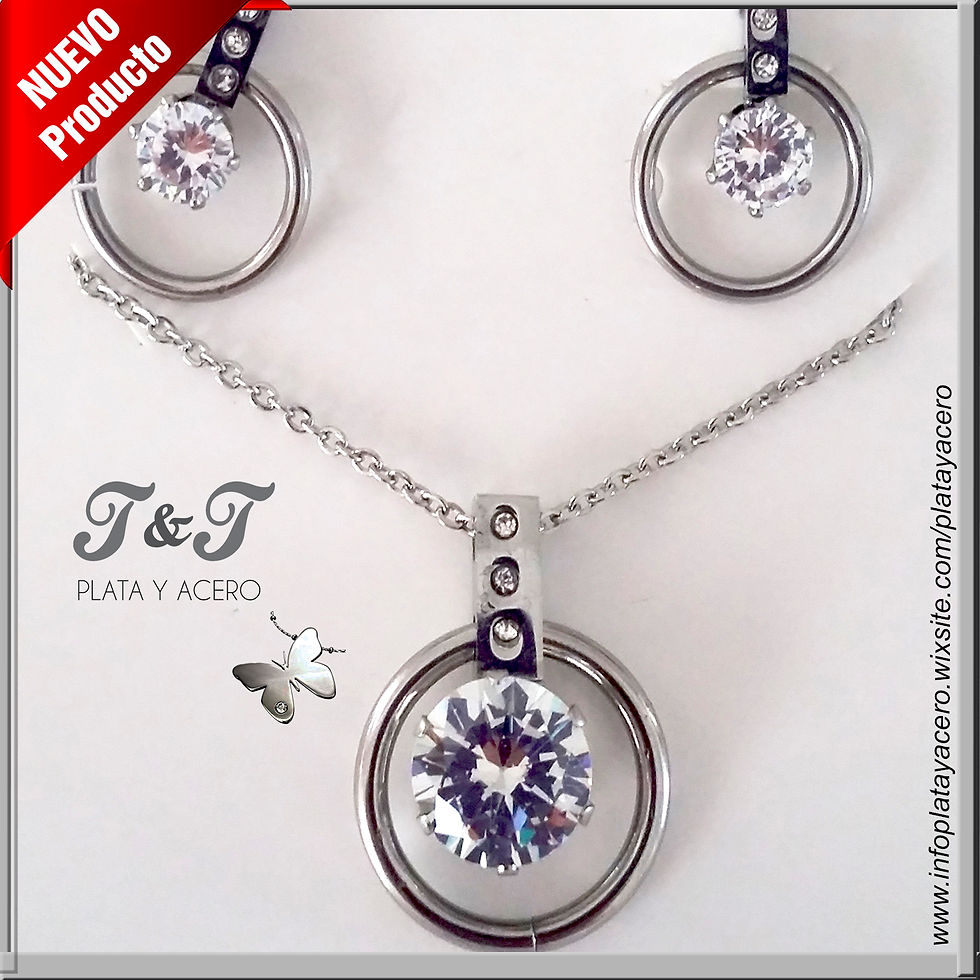 Juego de Aretes, cadena y dije en Aros de Acero y piedra