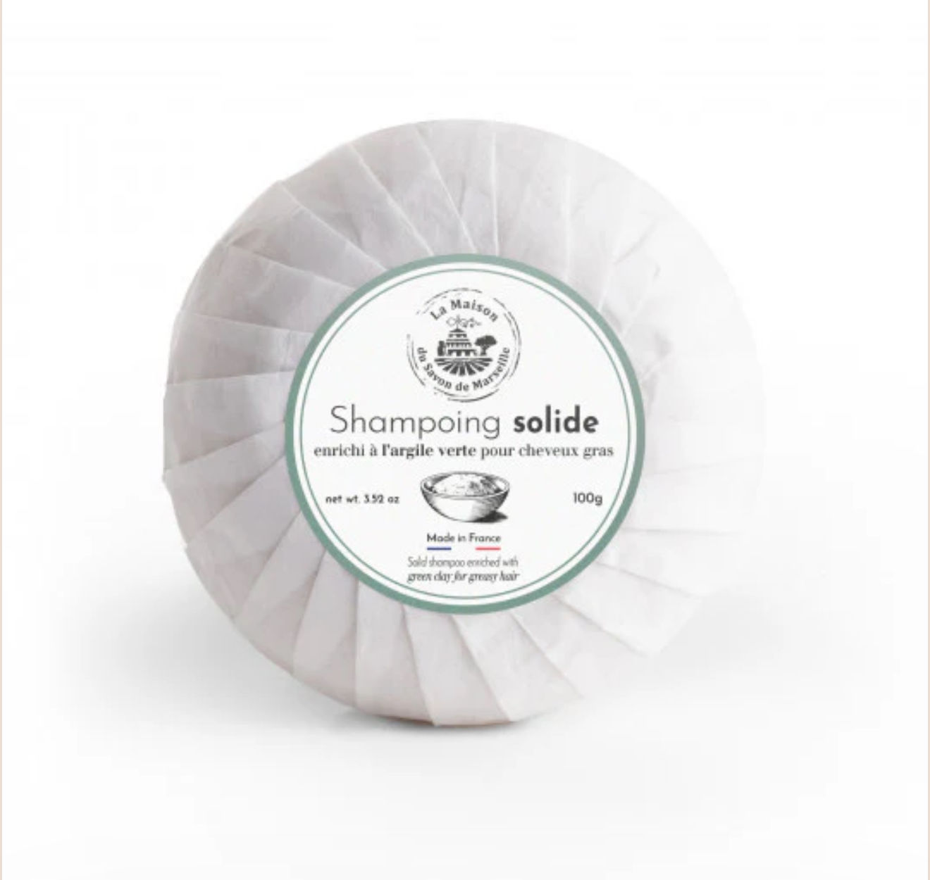 Solid shampoo bar for greasy hair made with green clay, green clay shampoo bar, shampoo, French shampoo, Marseille Shampoo