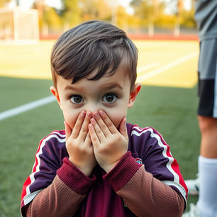 A boy looks to the sideline in shock, covering his mouth