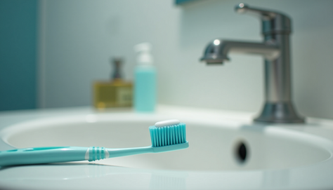A green toothbrush on a sink