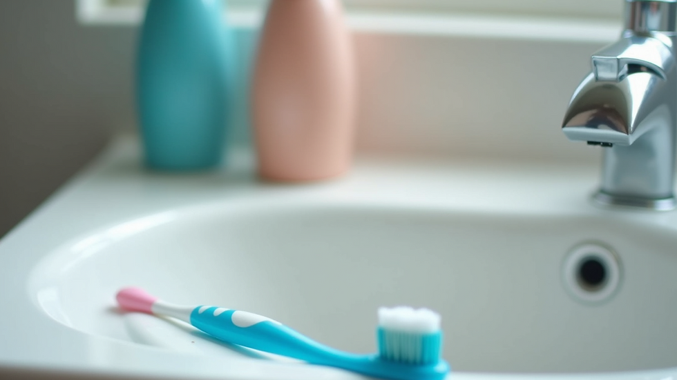 Close-up view of a children’s toothbrush and toothpaste on a bathroom sink