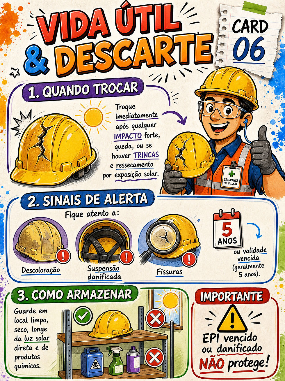 Infográfico em português sobre quando trocar e armazenar capacete de segurança, com operário sorridente e alertas de danos.