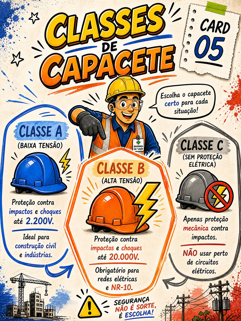 Infográfico colorido sobre classes de capacete de segurança: A, B e C, com um técnico apontando e textos explicativos.