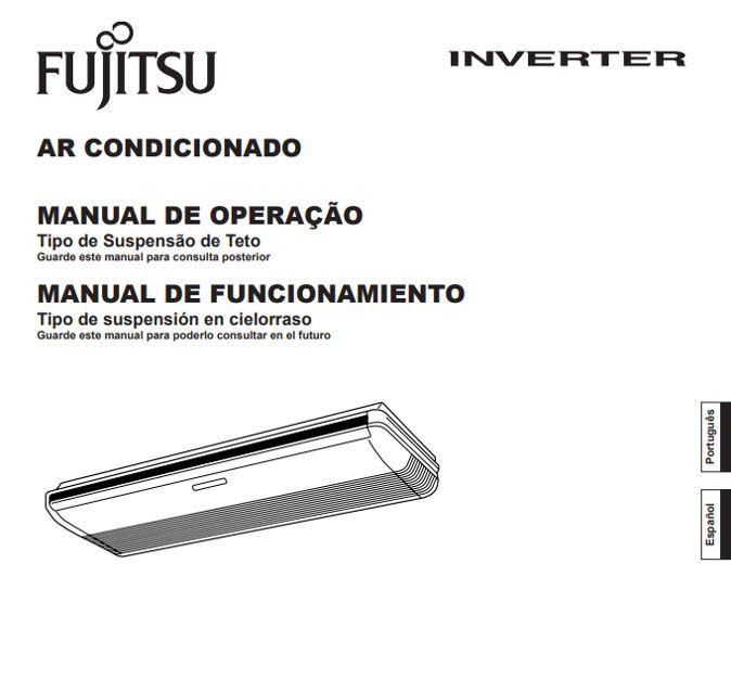 Capa de manual Fujitsu Inverter de ar-condicionado, com texto em português e espanhol e desenho da unidade de teto.