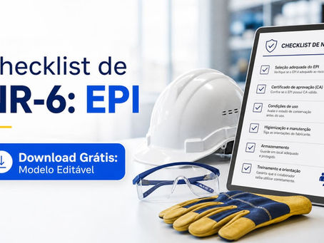 Checklist de NR-6: EPI em tablet, com capacete, óculos e luvas; destaque para botão Download Grátis.