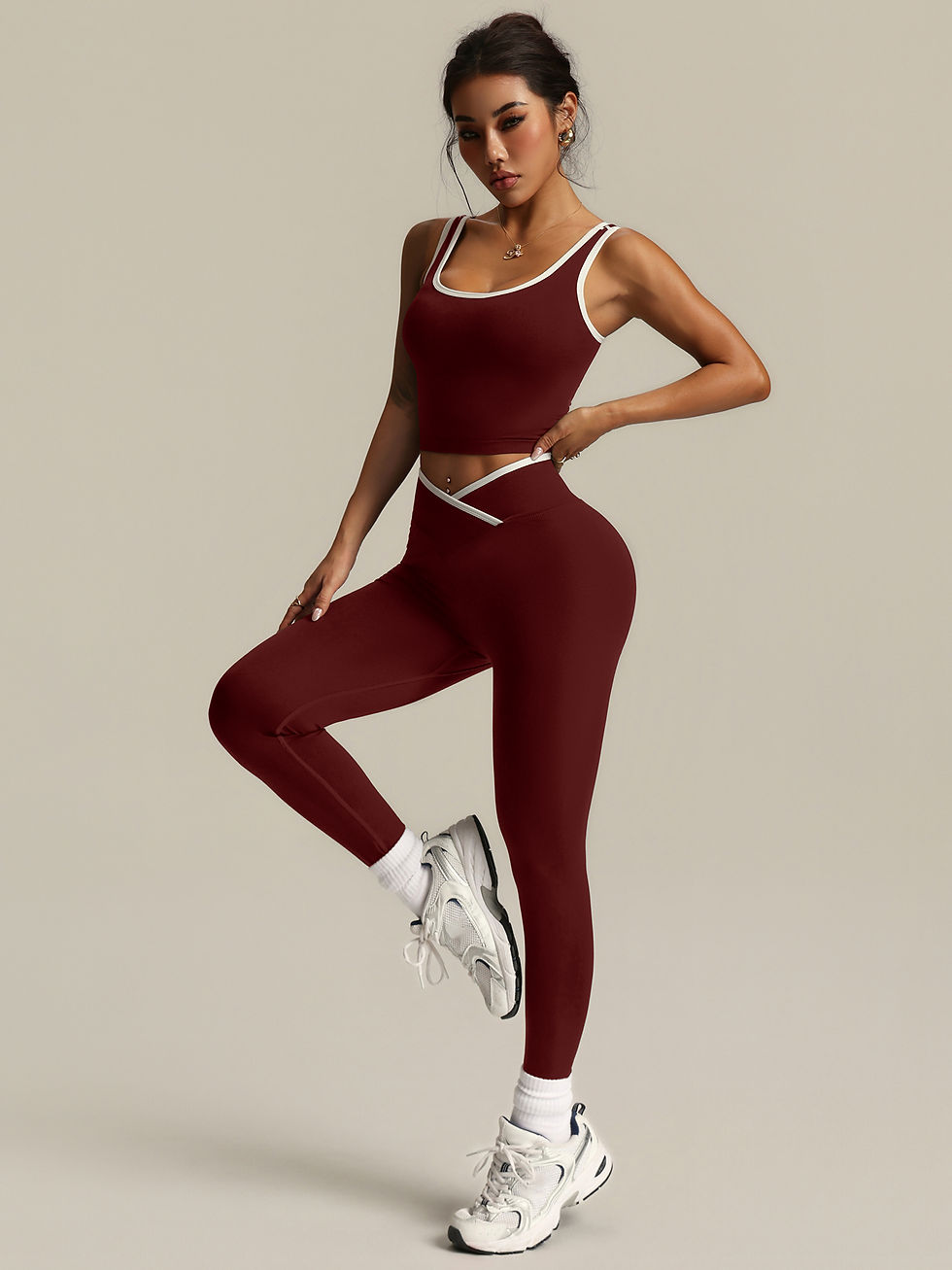 Thumbnail: 2 Piece Yoga Set Women Crossover V Waist Leggings Contrast Trim Sports Bra Gym W