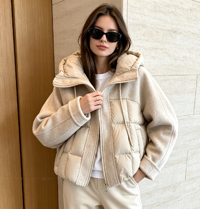 Thumbnail: Women Hooded Quilted Cotton Padded Coat Fabric Splicing Drawstring Hood Zip Up C