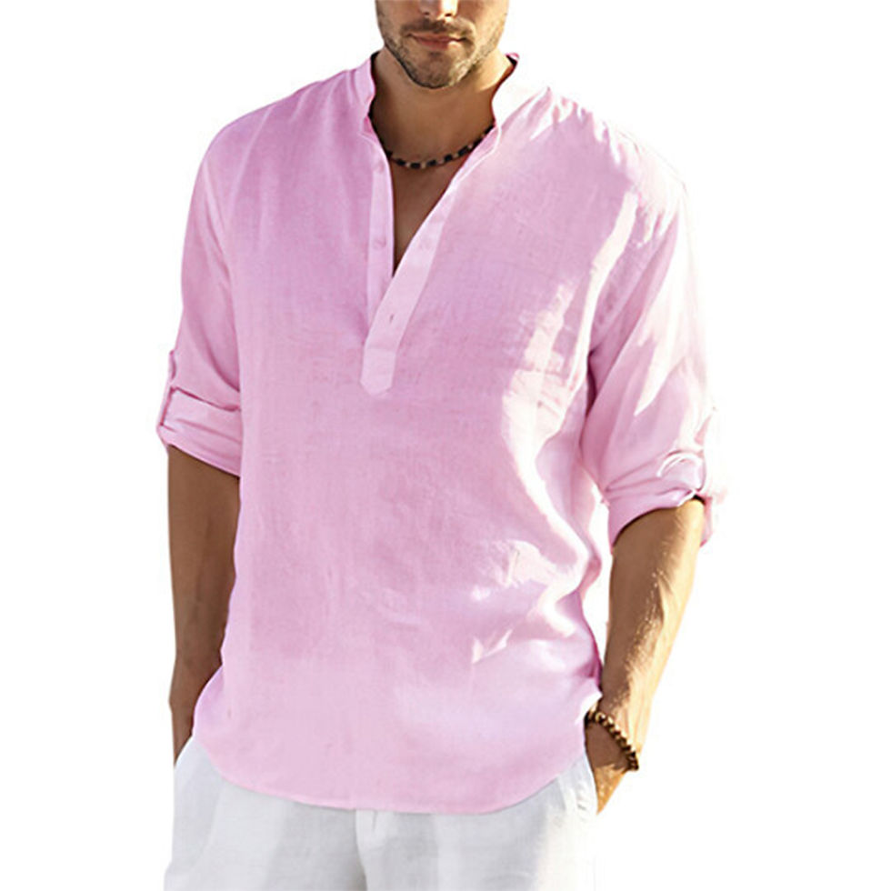 Thumbnail: New Men's Casual Blouse Cotton Linen Shirt Loose Tops Long Sleeve Tee Shirt Spri