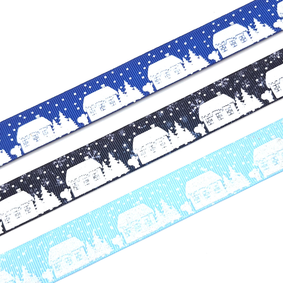 Christmas Night Snowy Village Grosgrain Ribbon printed grosgrain craft ribbon, cut to order in 5-yard lengths
