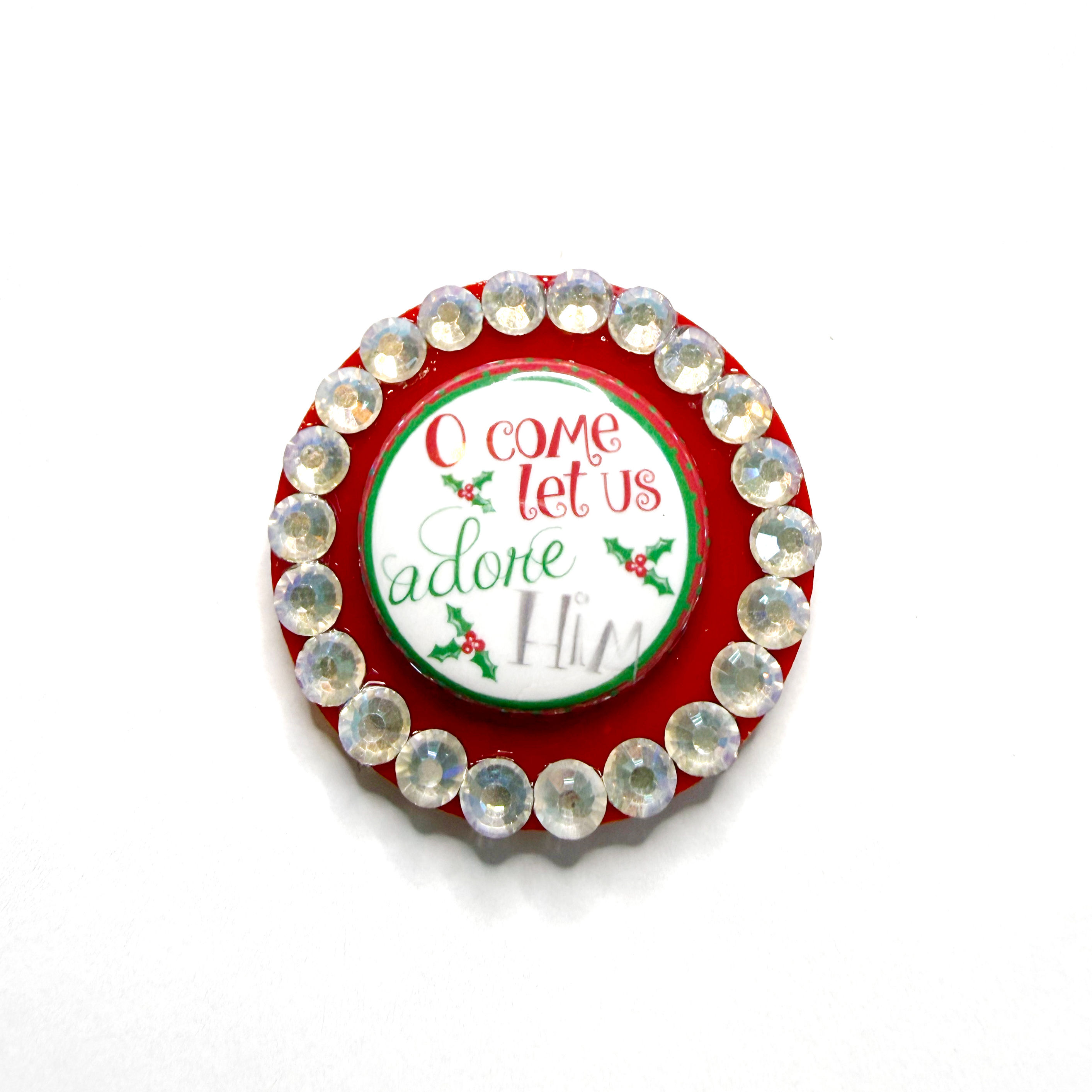 O Come Let Us Adore Him Halo Button, 1.5 inch rhinestone bow center with 1 inch flat-back button