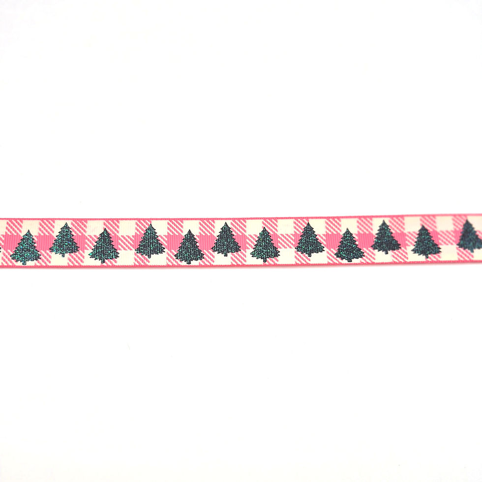 Thumbnail: Coral Plaid Christmas Tree Grosgrain Ribbon printed grosgrain craft ribbon, cut to order in 5-yard lengths