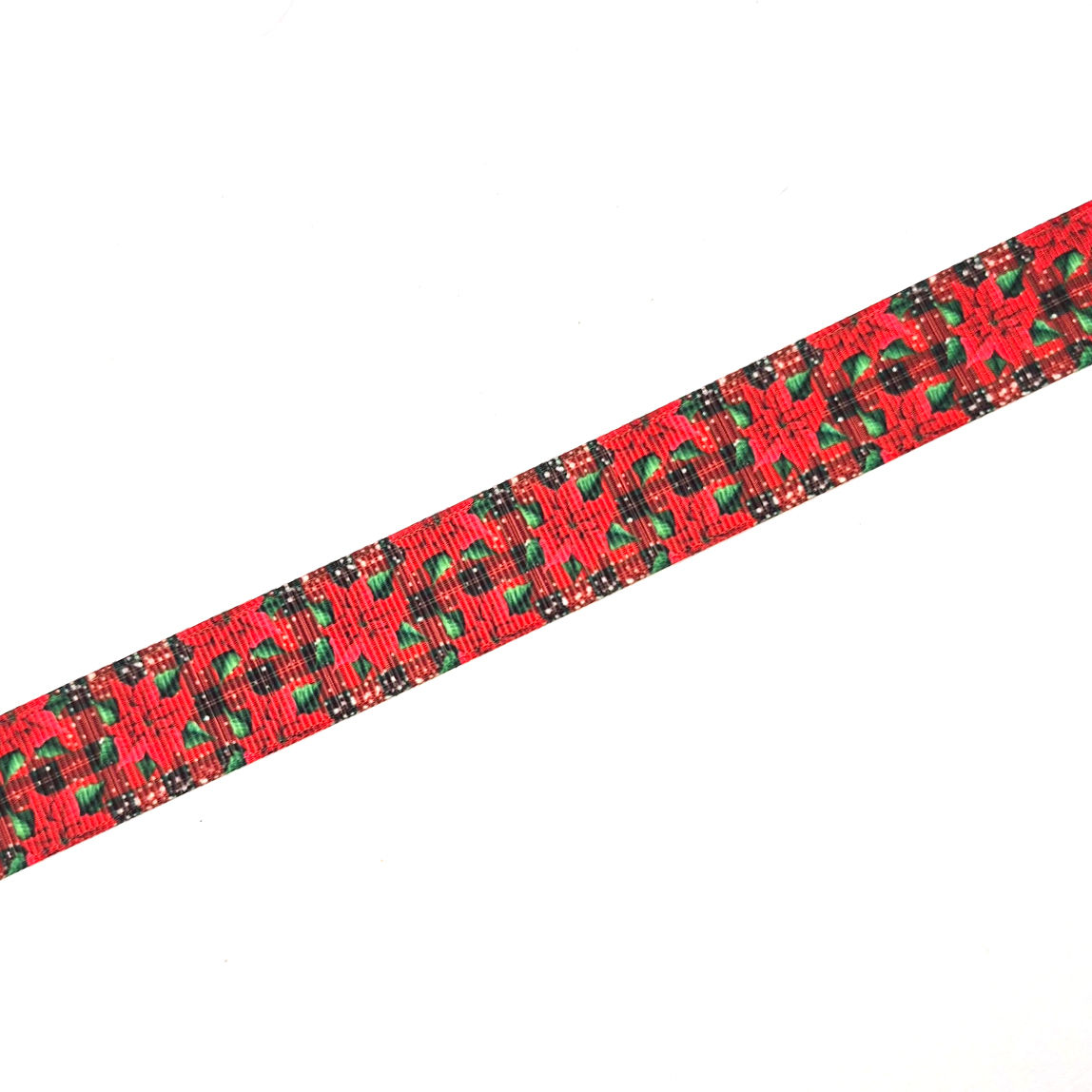 Poinsettias on Plaid printed grosgrain craft ribbon, cut to order in 5-yard lengths